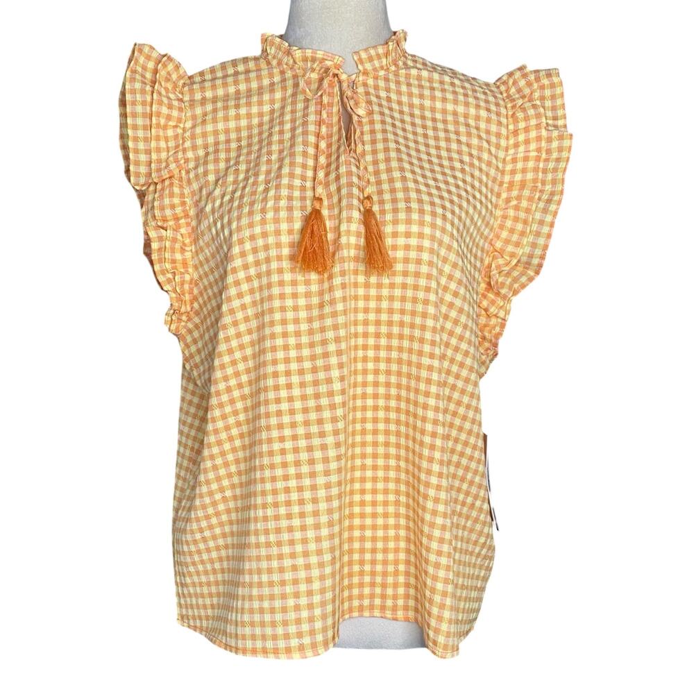 NWT Nanette Lepore XL Yellow & Orange Gingham Smocked Ruffled Short Sleeve Top